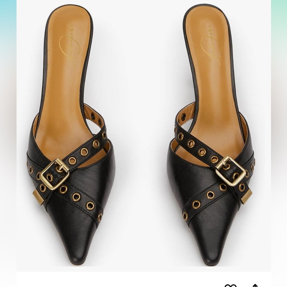 Elegant Black Women's Mules with Bronze Buckle
Pointed Toe Slippers High Heel